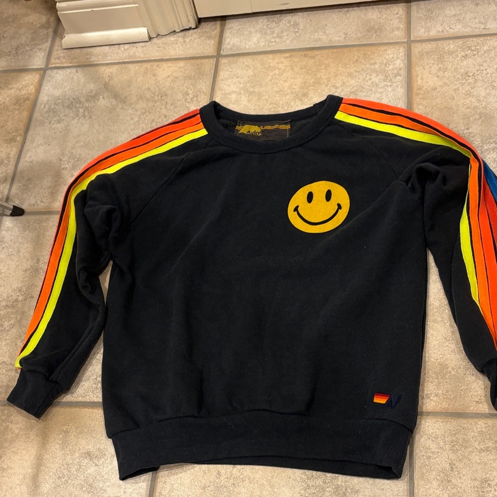 Aviator Nation Black Sweatshirt with Yellow Smiley and Rainbow Sleeves